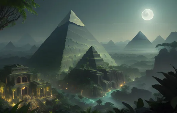 Picture forest, night, fog, river, the moon, jungle, pyramid