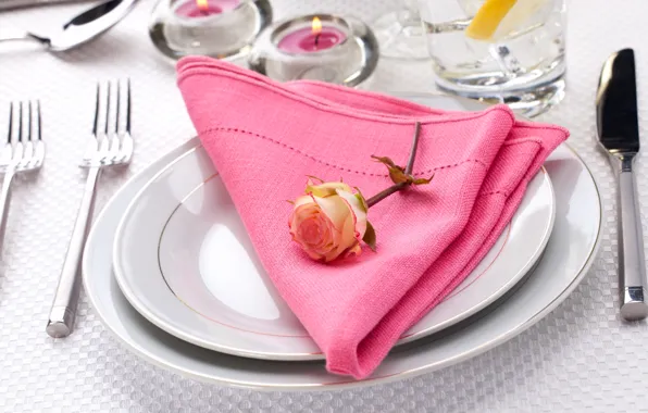 Flower, table, rose, candles, knife, plates, napkin, fork
