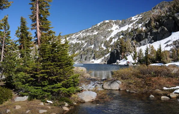 Picture trees, mountains, lake, CA, California, Sierra Nevada, Sierra Nevada, Eldorado National Forest
