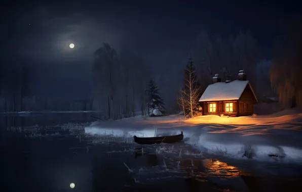 Winter, forest, snow, night, frost, house, hut, rustic