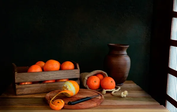 Oranges, knife, pitcher, vitamins, peel, healthy food