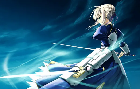 Girl, background, the wind, sword, art, saber, fate/stay night, type-moon