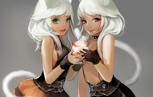 Picture girls, anime, art, ice cream, tail, ears, ddongu