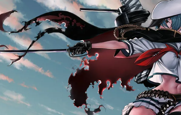 Picture the sky, girl, clouds, weapons, sword, anime, art, gun