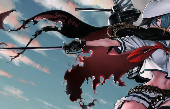 The sky, girl, clouds, weapons, sword, anime, art, gun