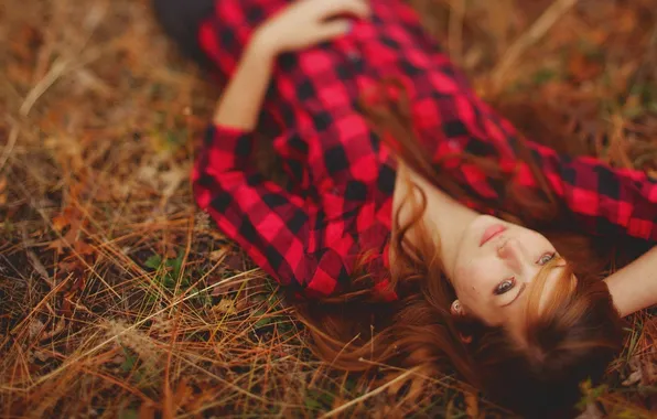 Picture grass, look, girl, nature, shirt, redhead, Chance