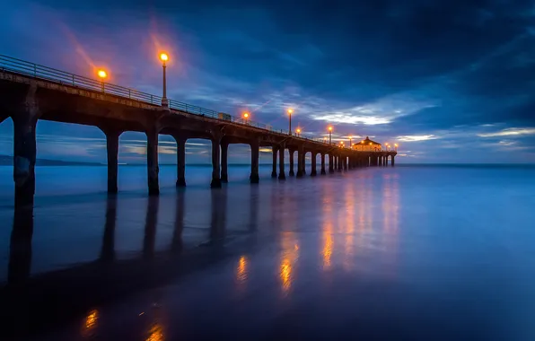 Picture beach, night, lights, shore, the evening, CA, pierce, USA