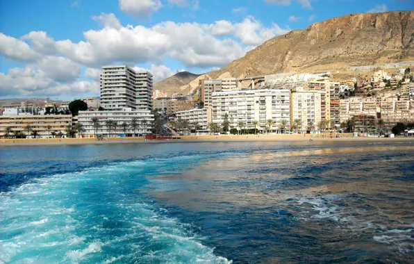 Sea, wave, the sky, water, clouds, mountains, the city, building