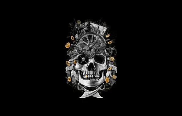 Coins, Minimalism, Skull, Style, Coins, Pirate, Sails, Swords