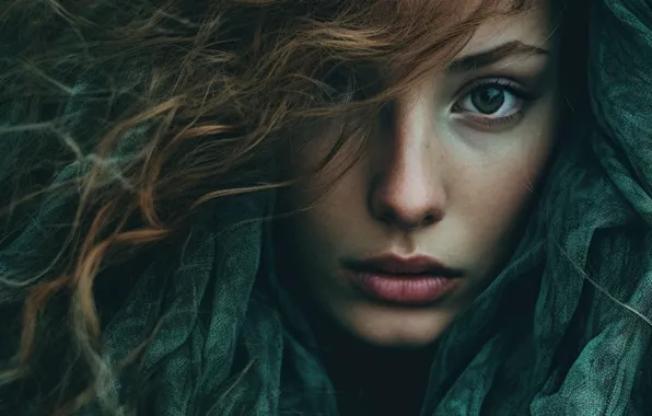 Girl, green, portrait, fabric, red, shawl, digital art, AI art