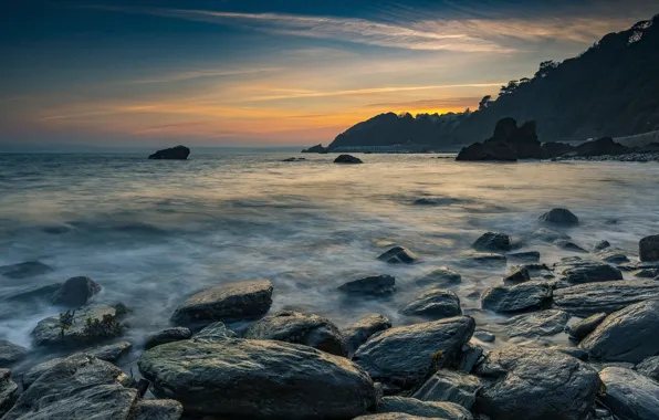Sea, the sky, clouds, sunset, nature, stones, rocks, shore