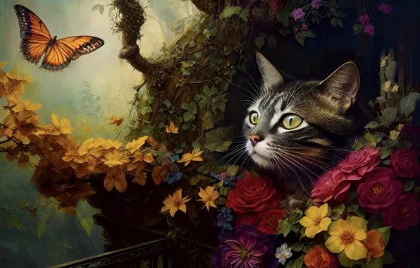 Cat, cat, look, flowers, branches, nature, pose, butterfly