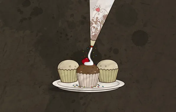 Cherry, minimalism, cake, cream, cakes, brown background