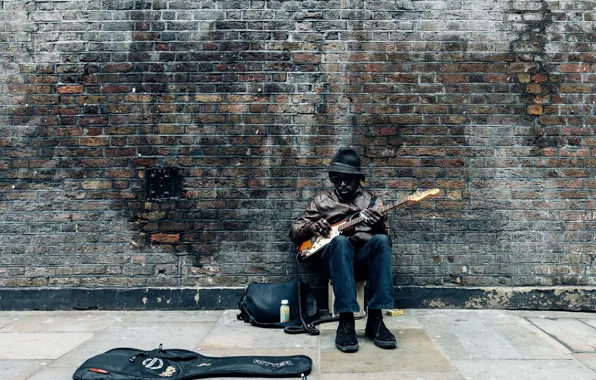 Street, guitar, Negro