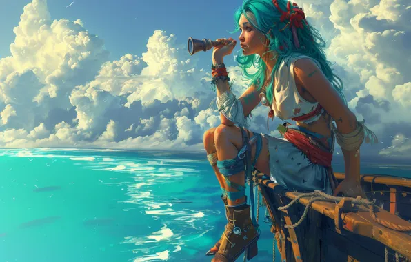 Picture Clouds, Girl, Ship, Pirates, Digital art, Spyglass, AI art, The Art of Artificial Intelligence