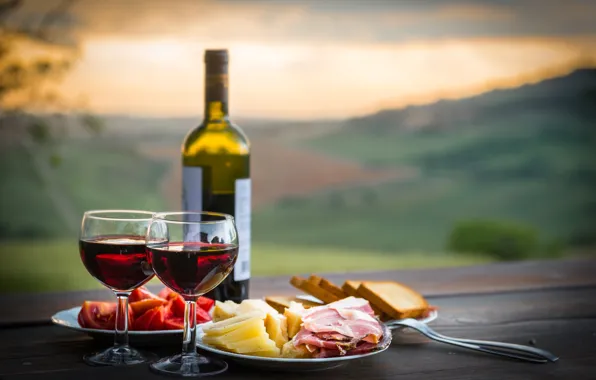 Landscape, table, wine, bottle, cheese, glasses, bread, plates