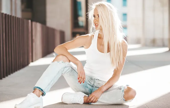 Picture woman, beautiful, model, pretty, jeans, blonde, long-haired, sneakers