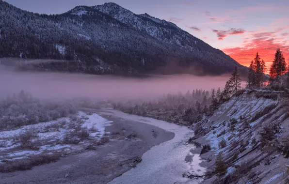 Winter, frost, forest, clouds, landscape, sunset, mountains, fog