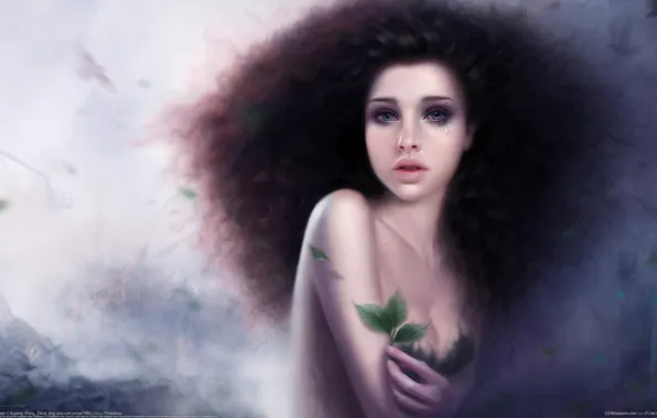 Leaves, girl, birds, hair, art, ruoxing zhang