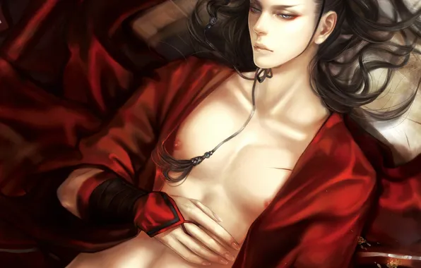 Art, guy, in red, lying, wound
