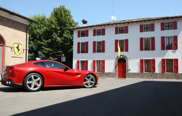 Picture red, the building, supercar, side view, the ferrari f12 berlinetta
