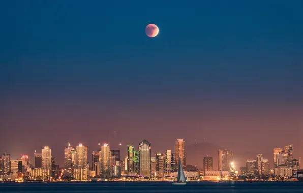 The sky, mountains, the moon, sailboat, CA, San Diego, United States, One America Plaza