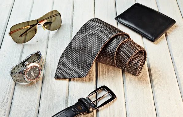 Picture watch, belt, sunglasses, tie, wallet
