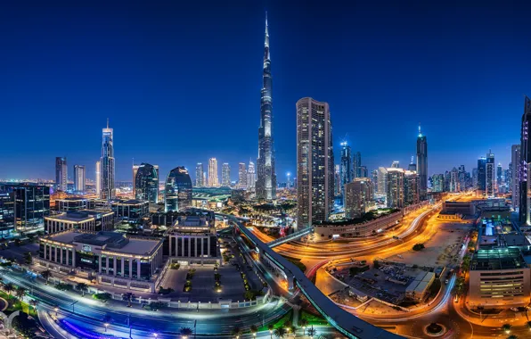 Picture building, road, home, Dubai, night city, Dubai, skyscrapers, UAE