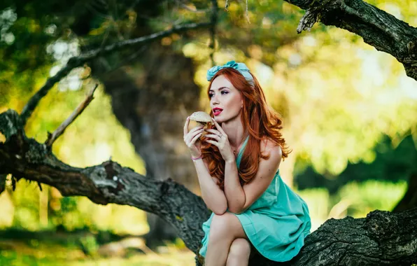 Girl, mushrooms, red, sitting, Chavdar Dimitrov