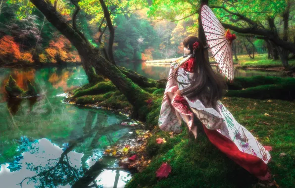 Girl, trees, river, umbrella, hair, doll, outfit, Asian