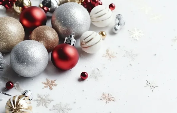 Balls, Christmas, red, white background, New year, white, Christmas decorations, silver