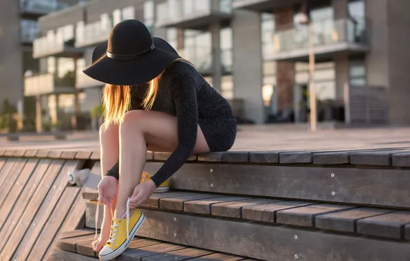 Girl, the city, sneakers, steps, hat, legs, laces, Yellow shoes