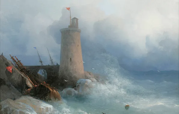 Storm, tower, picture, seascape, 1866, Ivan Aivazovsky, On The Rocky Shore