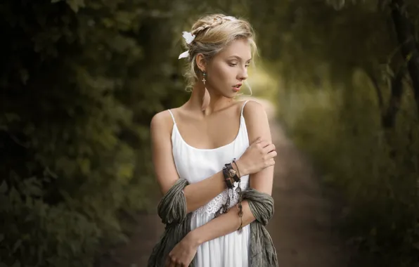 Girl, pose, hands, Alice, bracelets, shawl, Apollinarius Barinova