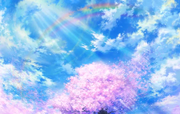 The sky, clouds, nature, tree, rainbow, petals, Sakura, art