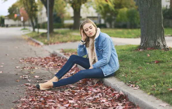 Road, leaves, girl, trees, jacket, Sonya Esman