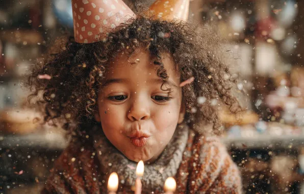 Face, holiday, child, candles, girl, cake, curls, African