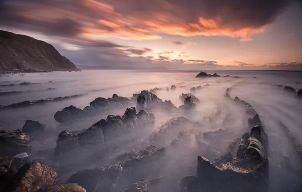 Beach, the sky, clouds, sunset, stones, rocks, spring, the evening