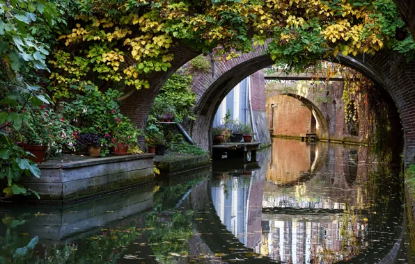 Autumn, trees, bridge, channel, Netherlands, autumn, Netherlands, Bridges