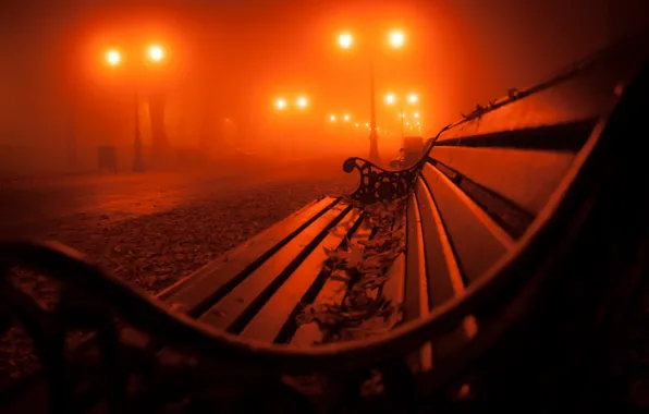 Autumn, leaves, bench, night, fog, Park, lights, alley