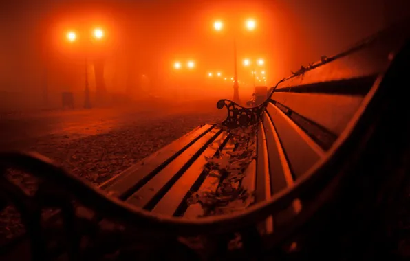 Picture autumn, leaves, bench, night, fog, Park, lights, alley