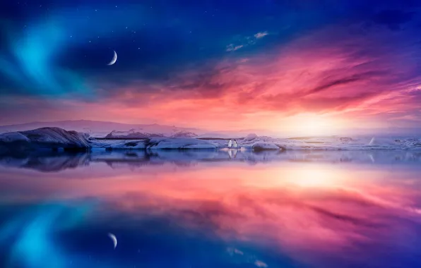 Winter, the sky, stars, clouds, light, landscape, sunset, birds