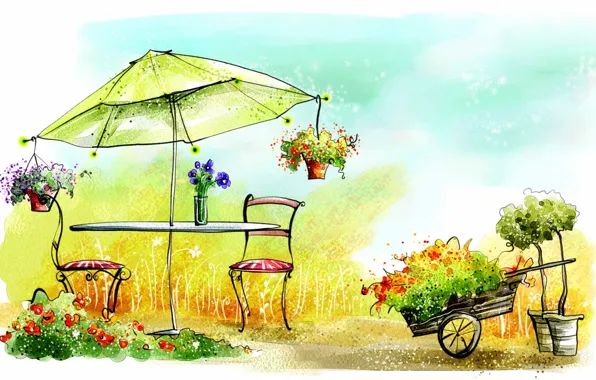Picture umbrella, watercolor, chair, green, painting, veranda, Wallpaper for desktop