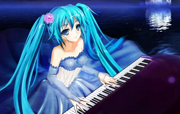 Picture night, lake, the moon, piano, piano, vocaloid, hatsune miku