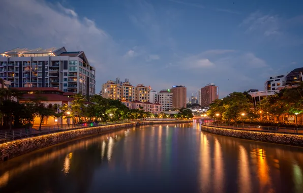 Trees, night, lights, river, home, lights, channel, Singapore