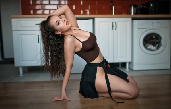 Picture look, girl, pose, hands, top, long hair, on the floor, the skirt