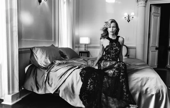 Picture photo, room, bed, pillow, dress, actress, hairstyle, bed