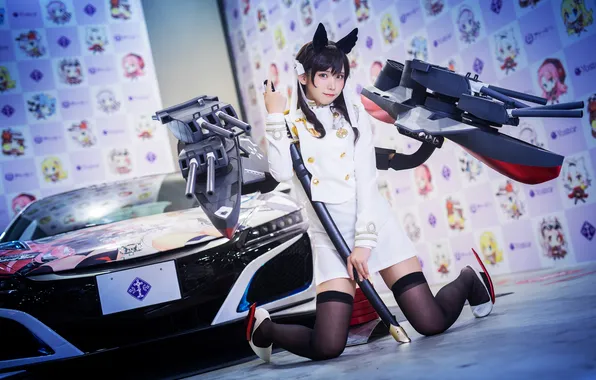 Picture car, Asian, weapon, katana, women, cosplay, high heels, sports car