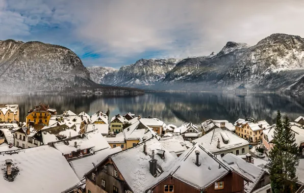 Winter, mountains, lake, home, Austria, roof, Alps, panorama