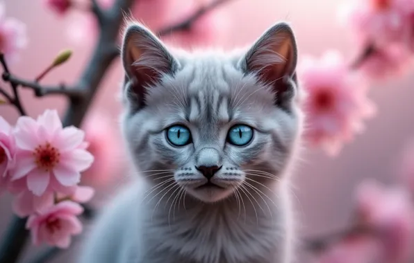 Cat, cat, look, flowers, pose, kitty, grey, portrait